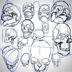 a bunch of skulls that are drawn in blue ink on a white paper with the words,