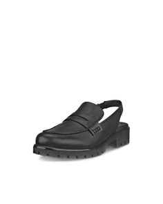 a woman's black loafer with straps on the side