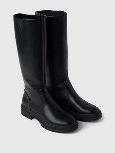 Vegan Leather Tall Boots | Gap Tall Boots For Winter, Tall Boots Flat Heel, Tall Lug Boots, Loose Boots, Tall Black Boots Outfit, Knee High Black Boots, Black Tall Boots, Tall Black Boots, Leather Tall Boots