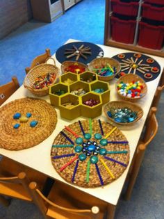 a table topped with baskets filled with beads and other crafting items on top of it