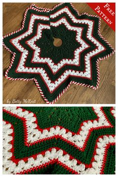 crocheted christmas tree skirt with red, white and green stars on the bottom