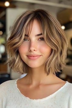 45 Chic Layered Bob Haircuts : Soft Wavy Bob with Curtain Bangs Wavy Chin Length Hair With Bangs, Classic Bob With Curtain Bangs, Short Layered Haircuts With Curtain Bang, Short Length Hair With Curtain Bangs, Soft Curtain Bangs Wavy Hair, Short Bob Curtain Bangs Straight, Curtain Bangs Bob Hair, Brown Bob Haircut With Bangs