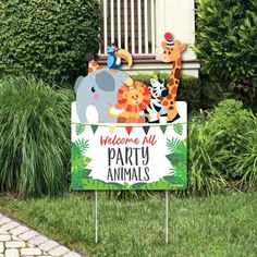 a welcome sign with animals on it in front of some bushes and grass, next to a house