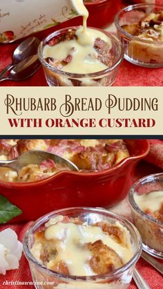 baked pudding with orange custard in red dishes