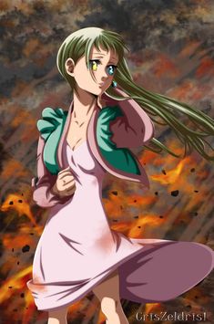 an anime character with long green hair and blue eyes, standing in front of fire