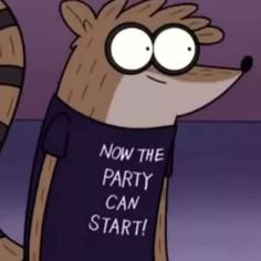 a cartoon raccoon wearing a t - shirt that says now the party can start