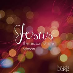 the words jesus, the reason for the season written on blurred lights in pink and purple