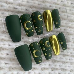 "Green and Gold Celestial Press On Nails  Model: Medium coffin Please read full description below. I offer quality handcrafted press on nails designed with quality gel polish. This set will give you a perfect manicure within a few minutes for a small portion of the salon cost.  Sets come with 10 nails (based on the size/shape selected), nail prep kit, and instructions. Reusable if removed correctly. 100% natural look if applied correctly. Nail Prep kit includes: - Nail glue - Nail tabs - Cuticle Emerald And Gold Almond Nails, Fall Celestial Nails, Nail Inspo August 2024, Easy Green Nail Designs, Green Nails With Gold Design, Woodland Fairy Nails, Night Nails Design, Bookish Nails Book Lovers, Green And Burgundy Nails