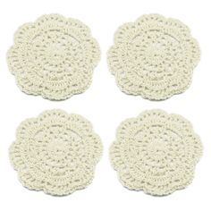 four crocheted coasters on a white background