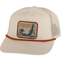 the fishpond fly fishing co trucker hat is white and has an orange cord