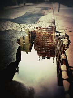 a reflection of buildings in a puddle of water