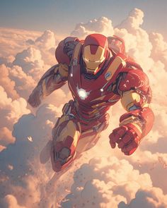 an iron man flying through the sky above clouds with his arms out and hands on his hips