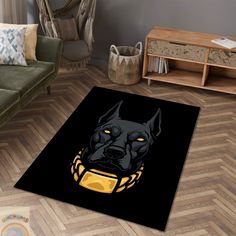 a rug with a dog's head on it in the middle of a living room