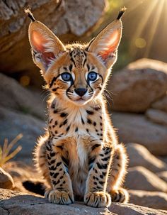 a small kitten sitting on top of a rock