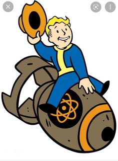 an image of a man riding on the back of a rocket ship holding a horn