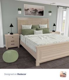 a bed room with a neatly made bed and two night stands