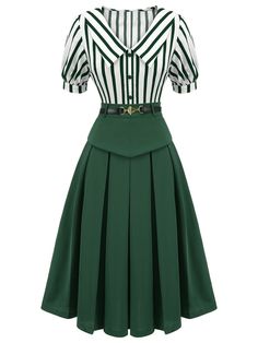 Cute Office Attire, Blue Green Clothes, 70s Texas Fashion, 1980s Female Fashion, Green Wedding Skirt, Flare Skirt Outfit Classy, Colorful Fall Fashion, Tops For Rectangle Body Shape, Retro Pleated Flared Skirt