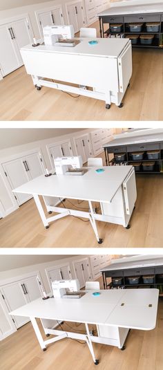 three different views of an office desk with drawers