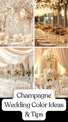 A beautiful wedding setup featuring elegant champagne-colored decors, and table settings, creating a dreamy and sophisticated atmosphere. Silver And Champagne Wedding, Wedding Decorations Champagne Color, White Gold Champagne Wedding Color Schemes, Wedding Champagne Theme, Wedding Ideas Champagne Color, Champagne And Gray Wedding, Champagne And White Wedding Decor, Champagne Wedding Theme Color Schemes, Blush And Champagne Wedding Colors