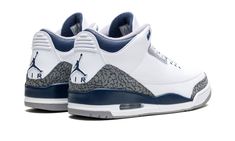 The Air Jordan 3 "Midnight Navy" is a colorway of the retro basketball shoe with navy accents.  Michael Jordan’s third signature shoe in the “Midnight Navy” colorway features a white leather upper with elephant print overlays on the toe and heel.  A Midnight Navy-colored mudguard contrasts the look, as do the Midnight Navy eyelet holes.  More Midnight Navy accenting is featured on the Jumpman on the white leather tongue and on the Jumpman on the heel.  The white midsole has a visible Air bubble Jordan 3 Midnight Navy, Nike Air Jordan 3, Nike X Travis Scott, Converse Run Star Hike, Low Air Jordan 1, Jordan Logo, Converse Run Star, White Cement, Jordan 3 Retro