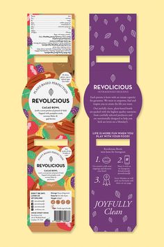 the packaging design for revolutionous is shown in purple and green colors, with an image of