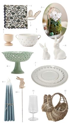 an assortment of white and blue items including candles, plates, vases and napkins