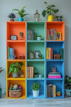 an assortment of colorful shelves with books and plants