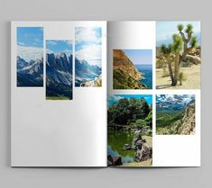 an open book with pictures of mountains and trees