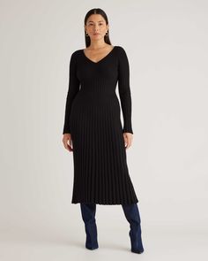 Cotton Cashmere Ribbed Long Sleeve V-Neck Midi Dress V-neck Ribbed Sweater Dress For Work, Office Holiday Party Outfit, Office Party Outfits, Chic Capsule Wardrobe, Capsule Wardrobe Women, Fall Style Guide, Everyday Luxury, Fall Capsule Wardrobe, V Neck Midi Dress