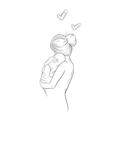 a black and white drawing of a woman holding her baby in her arms with hearts above her head