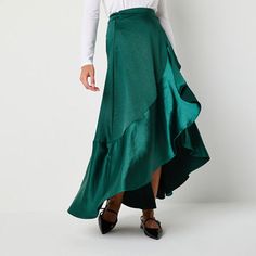 Amp up the glamor with this Ryegrass women's satin wrap skirt. Featuring a dramatic ruffled high low length and waist tie, you'll make a statement at the office or your next night out paired with a blouse or fitted top. Front Style: Flat FrontClosure Type: ButtonClosure Location: Right SideRise: High RiseApparel Length: 39 InchesFiber Content: 96% Polyester, 4% SpandexFabric Description: SatinLining: UnlinedSkirt Length: High Low LengthCare: Machine WashSkirt Type: Wrap SkirtsCountry of Origin:… High Low Wrap Skirt, Satin Wrap Skirt, Wrap Skirts, High Low Skirt, Layered Skirt, Green Skirt, Wrap Skirt, Waist Tie, High & Low