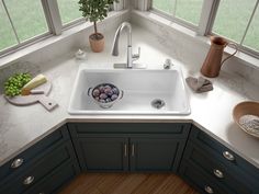 a white sink sitting inside of a kitchen next to a window with lots of windows