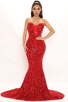 Available In Silver And Red. Sequin Maxi Dress With Train Strapless Padded Bust Mesh Cut Out Hidden Back Zipper Fully Lined Stretch Self: 100% Polyester Lining: 100% Polyester Imprted | The Most Wanted Sequin Gown Dress in Red size 2X by Fashion Nova Formal Dresses Mermaid, Fashion Week Dresses, Leather Midi Dress, Dress With Train, Burgundy Midi Dress, Burgundy Fashion, Sequence Dress, Sequin Maxi, Sequin Maxi Dress