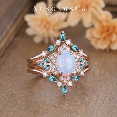 Bohemian Wedding Rings, Rings Stack, Opal Engagement Ring Set, Enhancer Ring, Unique Opal, Rose Gold Halo, Moissanite Bridal Sets, Opal Engagement Ring, Opal Band