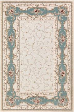 a blue and white rug with an ornate border