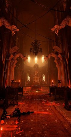 a dimly lit room with many lights in the ceiling and some decorations on the floor