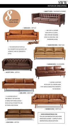 the different types of leather sofas and loveseates are shown in this info sheet