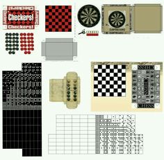 some type of paper with different types of items on it, including darts and checkers