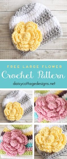 the crochet flower hat is made with yarn and has three different colors on it