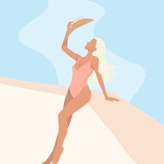 a woman in a pink swimsuit catching a frisbee on top of a beach