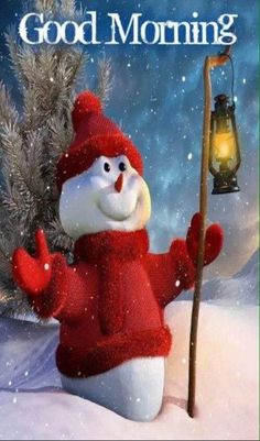 a snowman is holding a lantern and giving the peace sign in front of a snowy scene