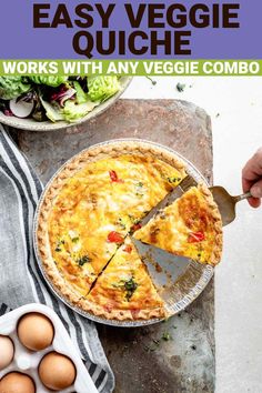 an easy veggie quiche is cut into slices