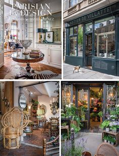 the inside and outside of a building with many plants in pots, chairs and tables