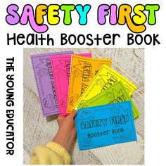 the safety first health booster book is shown with four different colored books in front of it