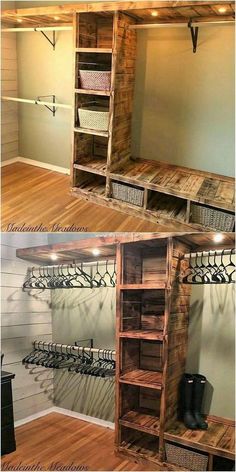 two pictures of the inside of a room with wooden shelves and baskets on each shelf