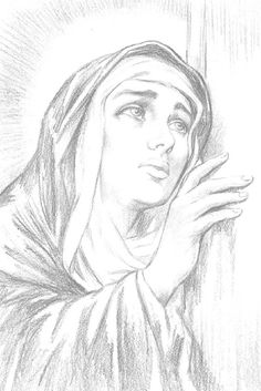 a pencil drawing of the virgin mary holding her hand up to her face and looking at something