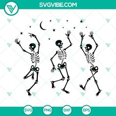 three skeletons dancing with their arms in the air and holding hands out to each other