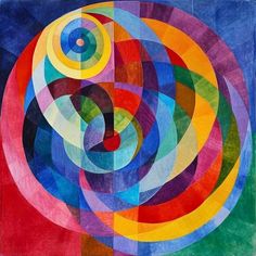 an abstract painting with many different colors and shapes on it's surface, including circles