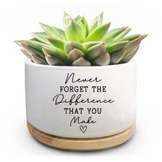 a white ceramic pot with a succulent in it that says, memes forget the differences that you make