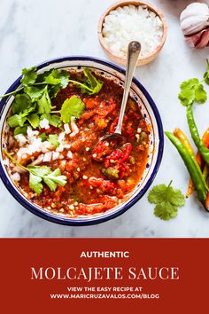 an overhead view of a bowl of authentic molapene sauce with cilantro and green beans